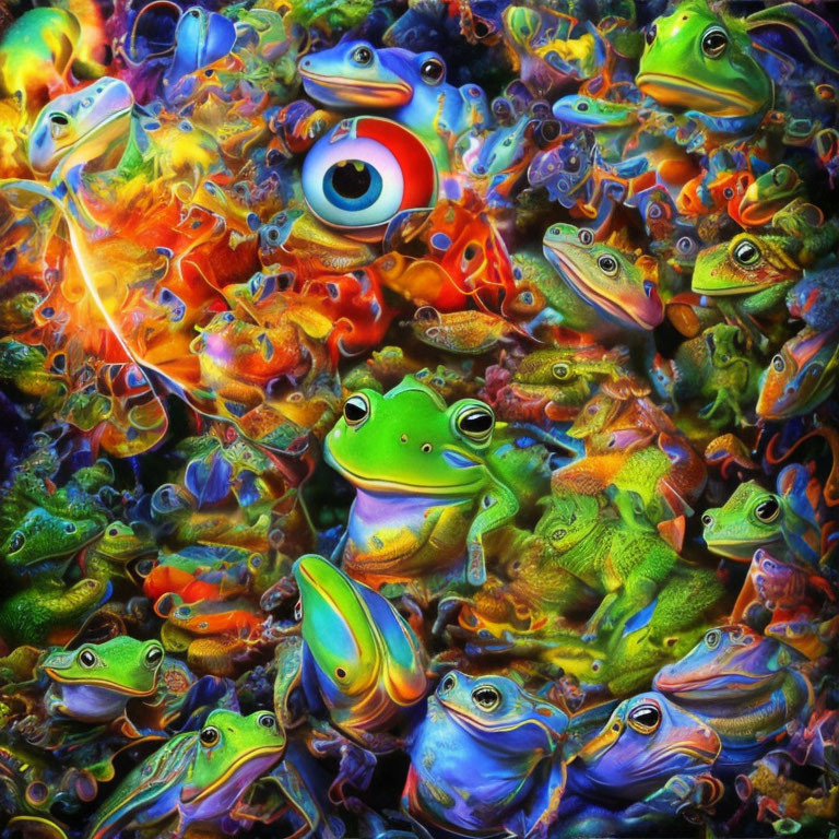 Colorful Frog Collage with Psychedelic Flair