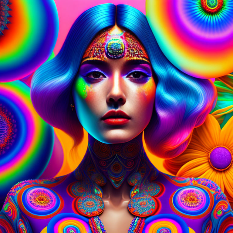 Colorful portrait of a woman with blue hair and psychedelic patterns, surrounded by flowers and mandalas