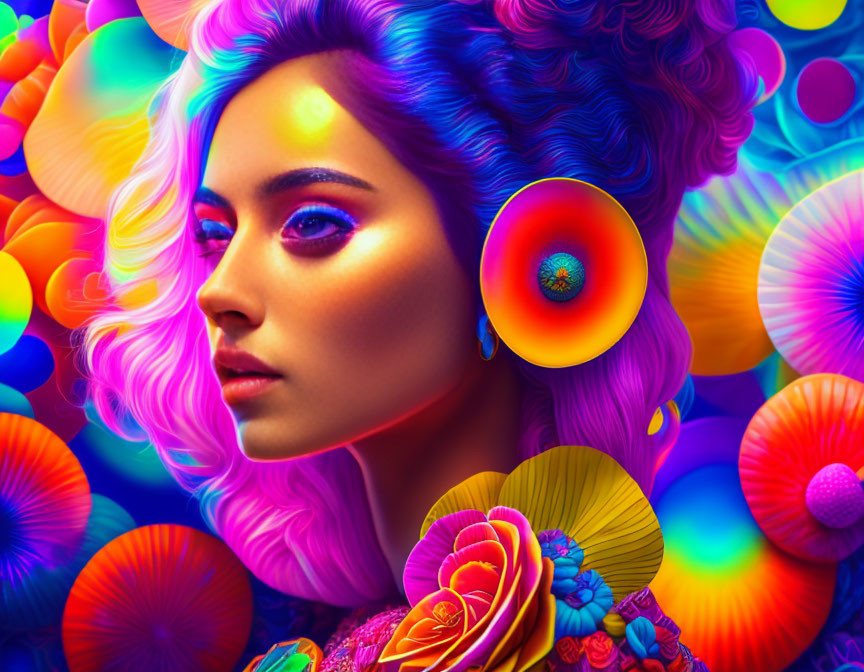 Colorful portrait of woman with psychedelic hair and makeup in vibrant floral setting
