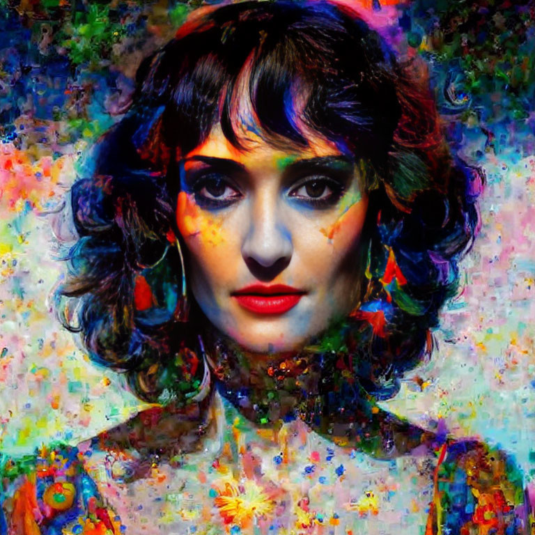 Colorful portrait of woman with dark hair and bold makeup against abstract backdrop