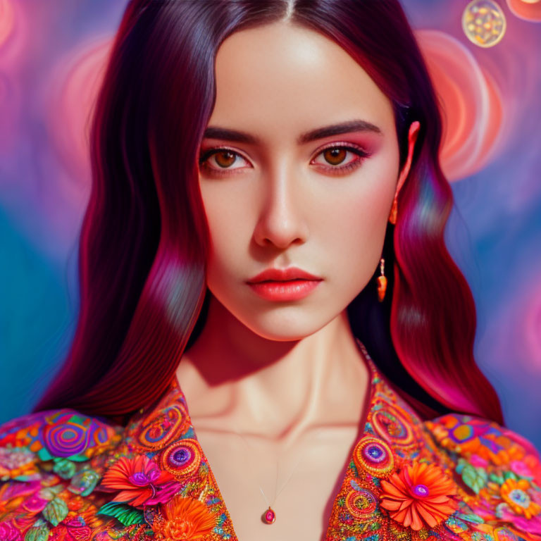 Dark-Haired Woman in Colorful Attire on Psychedelic Background