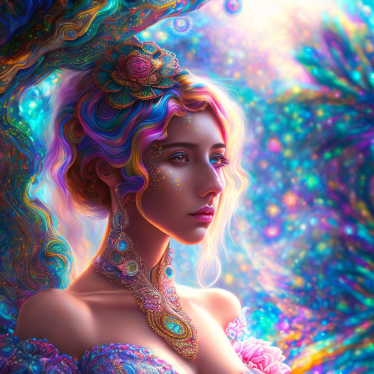 Colorful digital artwork: Woman with multicolored hair and jewels in cosmic background