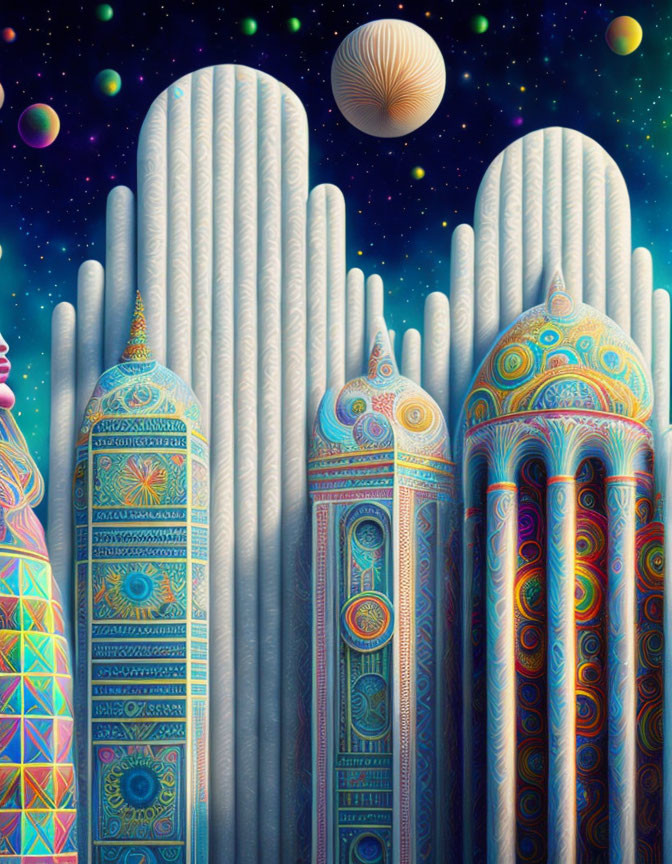 Colorful Ornate Towers Against Starry Sky with Celestial Orbs