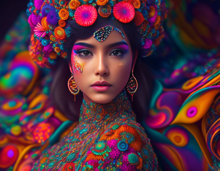 Vibrant floral headdress on woman with colorful patterns.