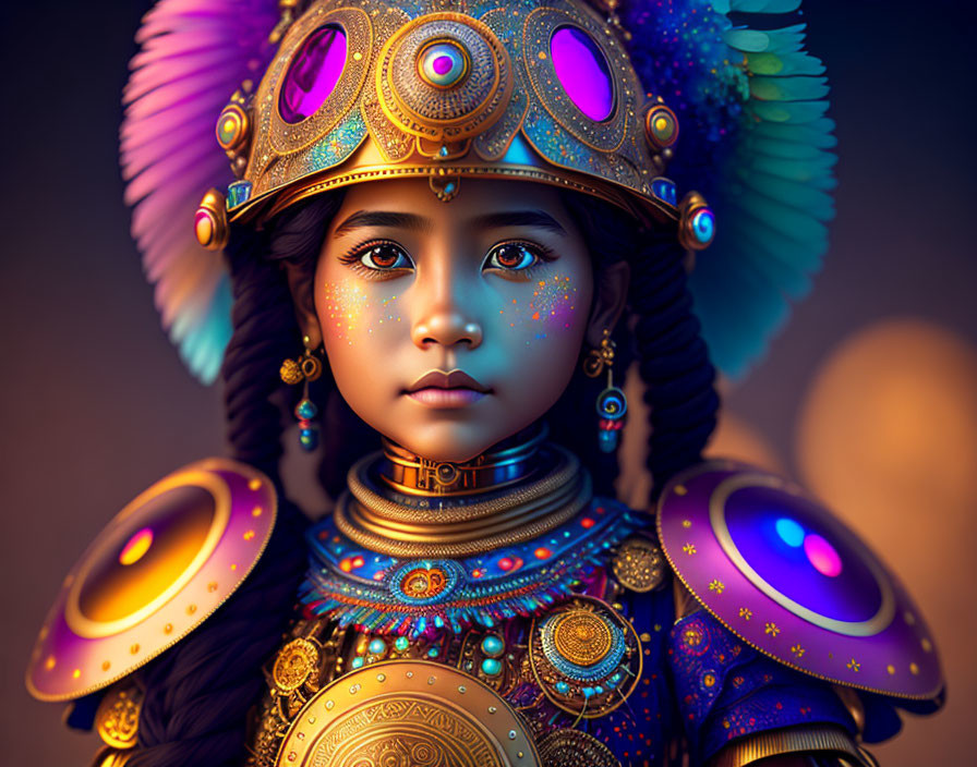Digital artwork of young girl in colorful armor with feathered helmet against dark background