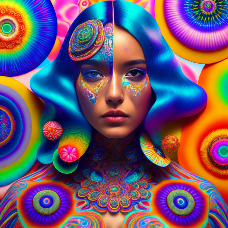 Colorful digital artwork: Woman with psychedelic patterns and swirling mandalas