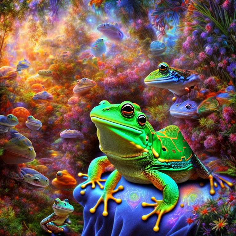 Colorful Artwork: Green Frog with Floating Frogs in Forest