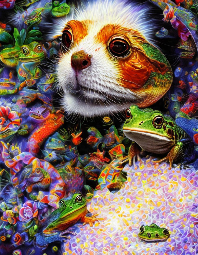 Colorful guinea pig and frogs in vibrant artwork on psychedelic background