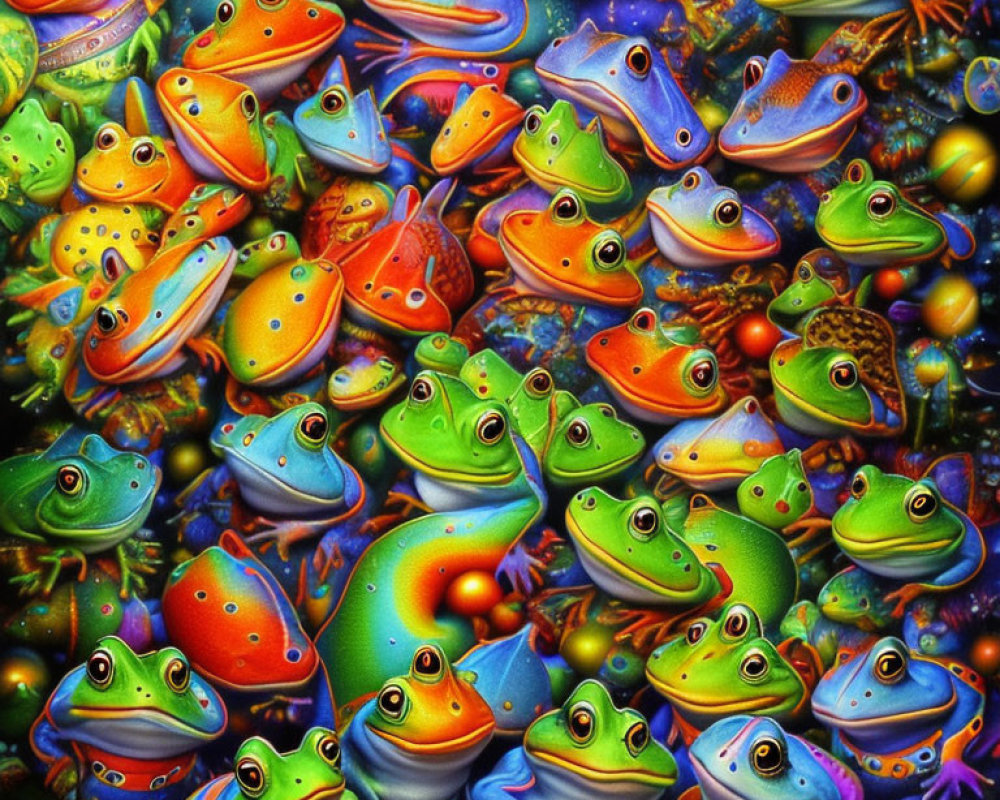 Colorful Psychedelic Frogs on Multicolored Background
