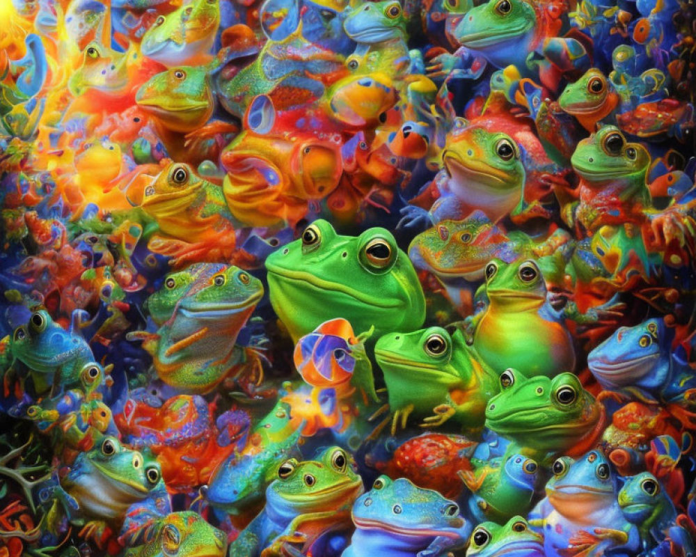 Colorful Frogs Montage on Psychedelic Background