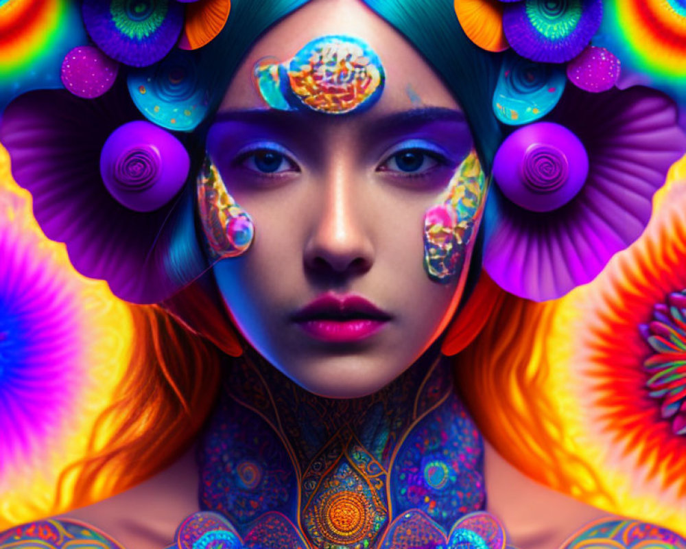 Colorful portrait of a woman with psychedelic floral patterns and mandala designs