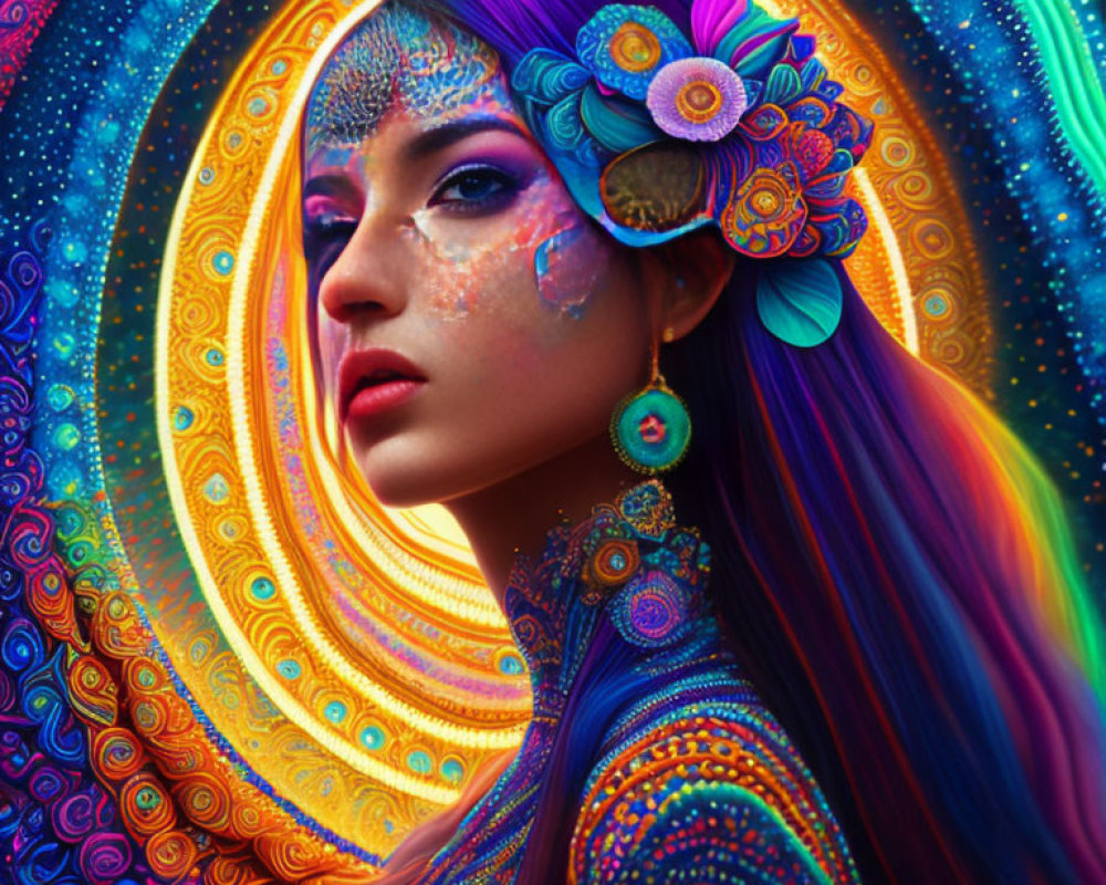 Colorful portrait of woman with multicolored hair and psychedelic patterns
