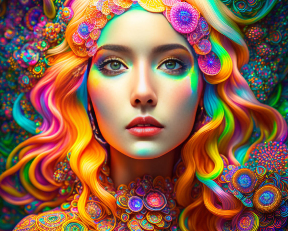 Colorful digital artwork of woman with multicolored hair and psychedelic patterns