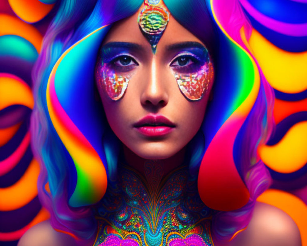 Vibrant portrait of a woman with colorful body art and psychedelic backdrop