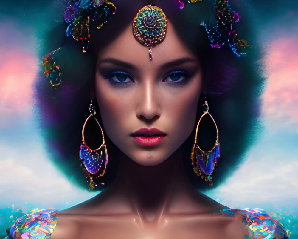 Portrait of woman with blue eyes in gemstone headpiece against twilight backdrop