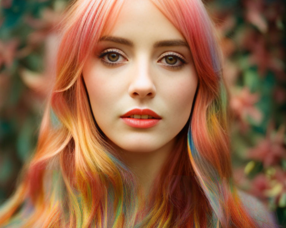 Pink-orange hair woman portrait with striking makeup in autumn leaves background.