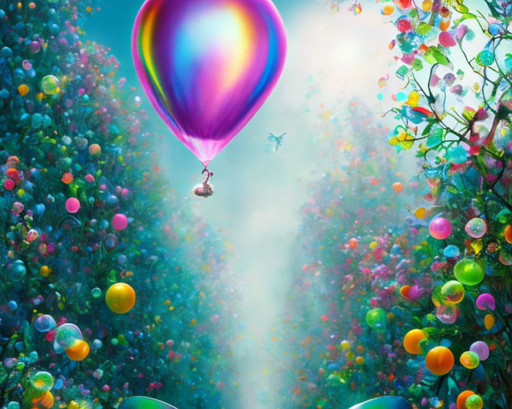 Colorful hot air balloon rises among bubble-like trees and iridescent butterfly wings.
