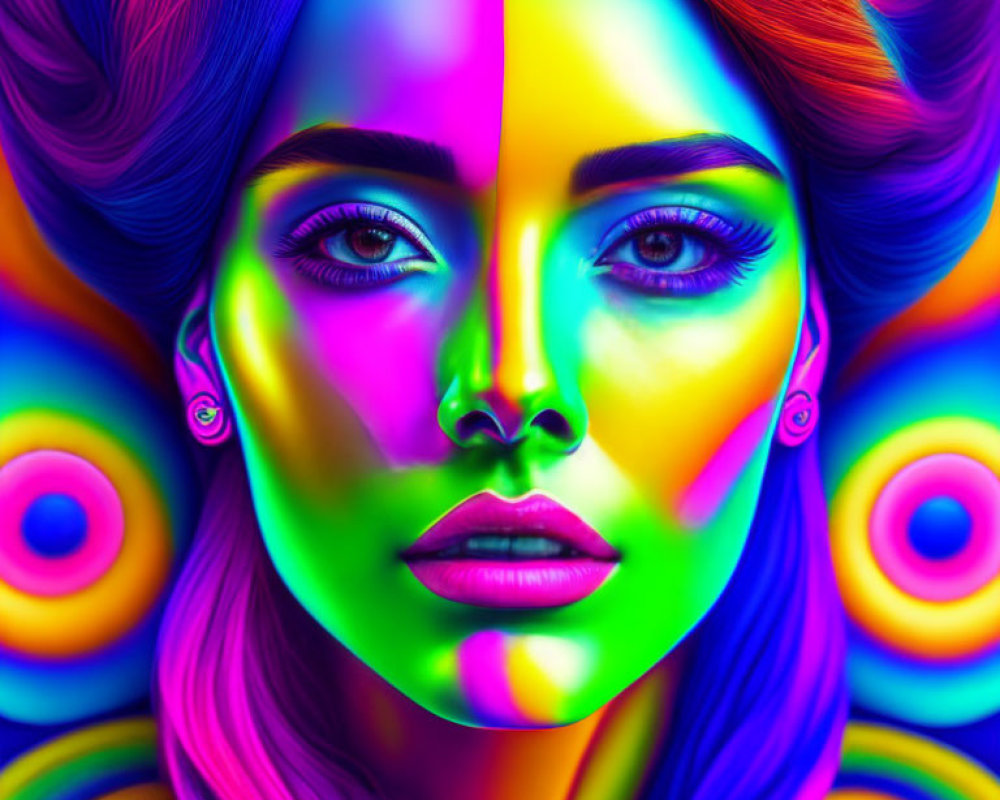 Colorful digital portrait of a woman with symmetrical features in neon rainbow palette