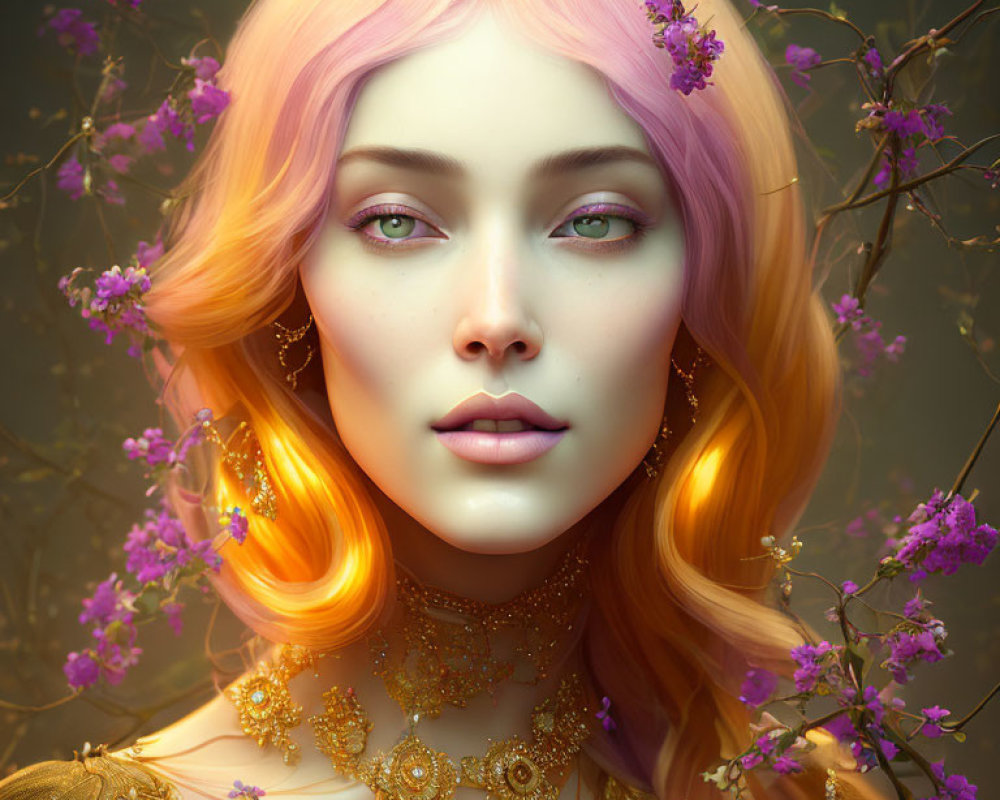 Fantasy Woman Portrait with Peach-Pink Ombre Hair and Green Eyes