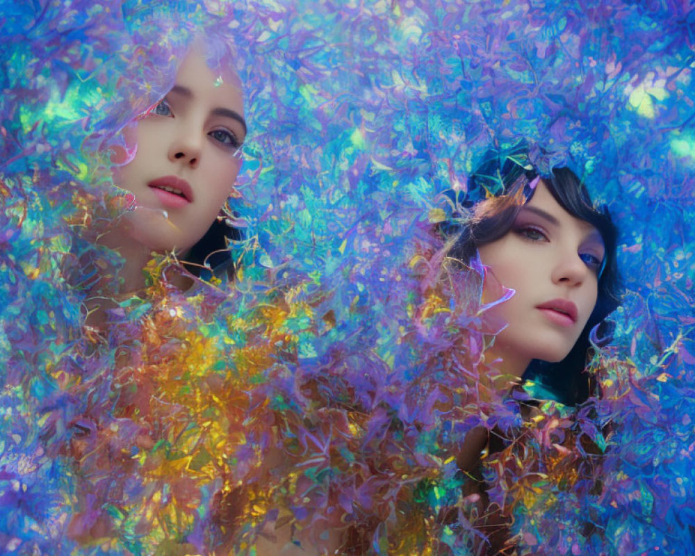 Two women surrounded by colorful leaves under dreamlike light
