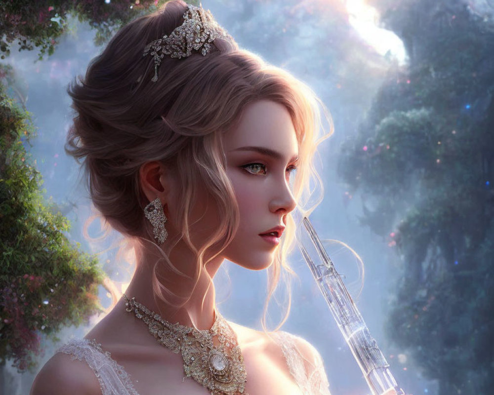 Digital artwork of elegant woman with updo, tiara, jewelry, rose, in enchanted forest.