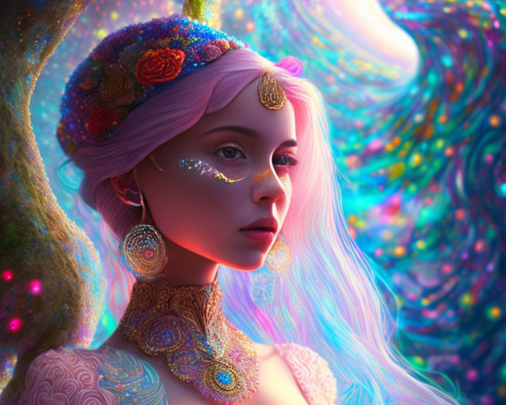 Portrait of woman with pastel pink hair, floral adornments, body art, and galaxy backdrop