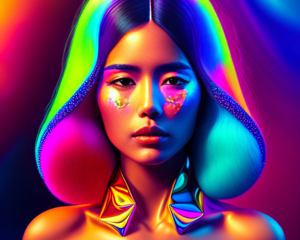 Vibrant portrait of a woman with rainbow hair and neon makeup