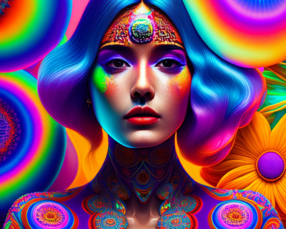 Colorful portrait of a woman with blue hair and psychedelic patterns, surrounded by flowers and mandalas
