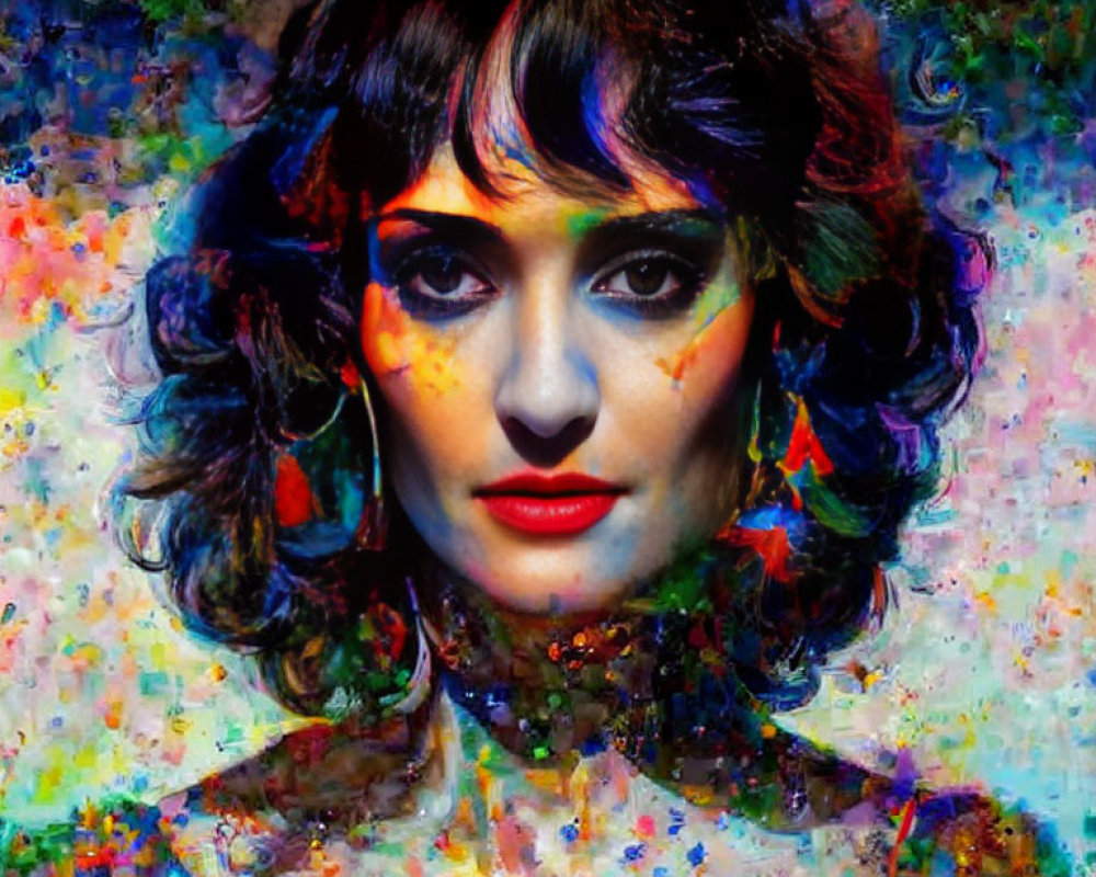 Colorful portrait of woman with dark hair and bold makeup against abstract backdrop