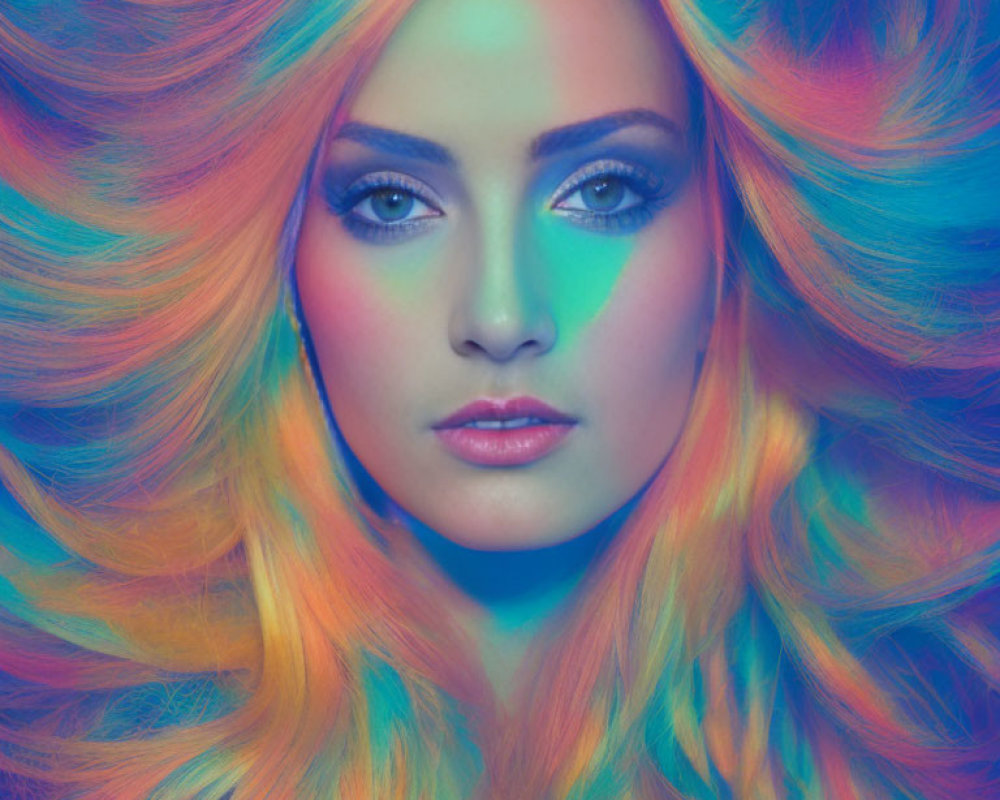 Vibrant multi-colored hair and blue eyes on colorful background
