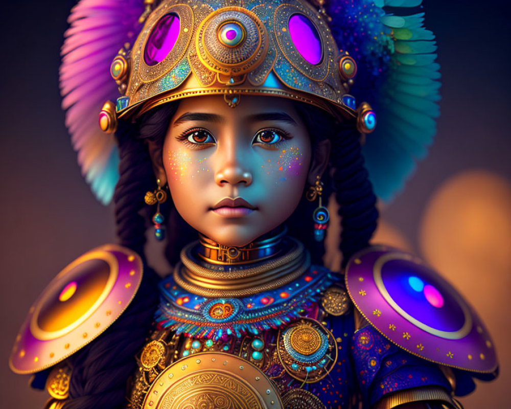 Digital artwork of young girl in colorful armor with feathered helmet against dark background