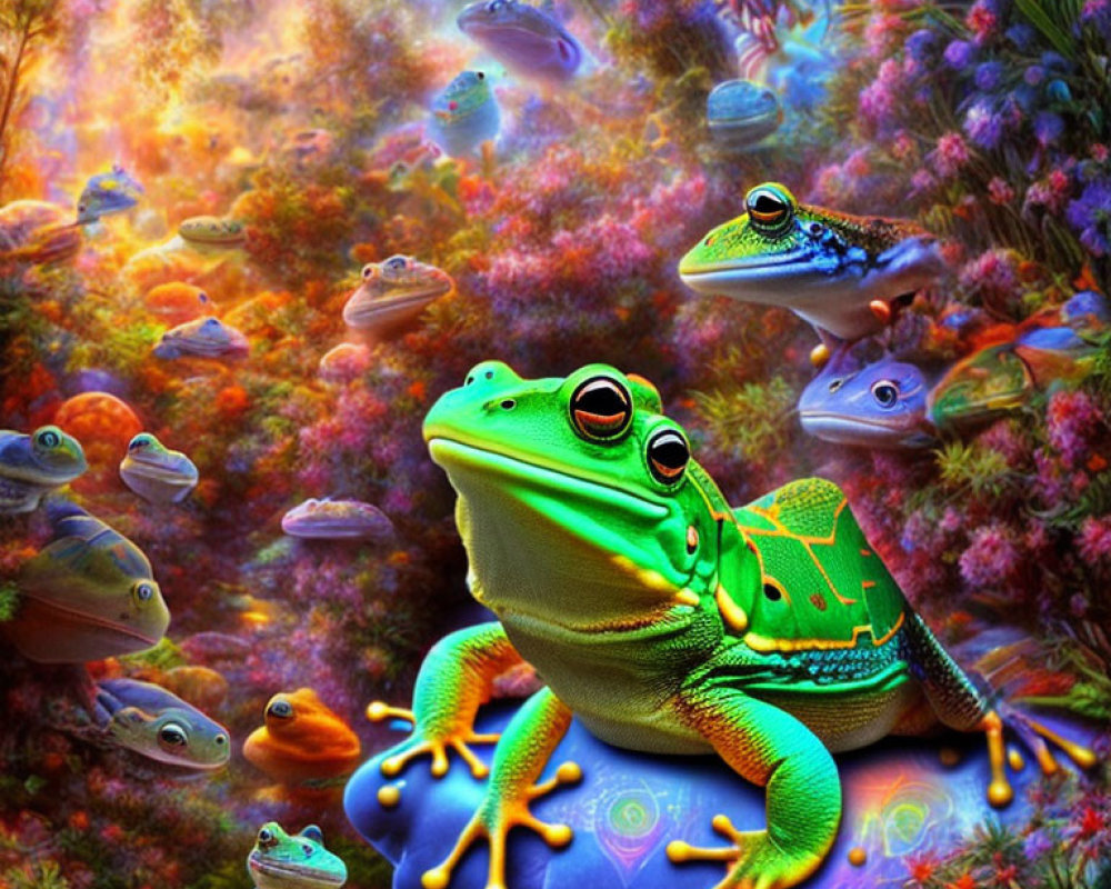 Colorful Artwork: Green Frog with Floating Frogs in Forest