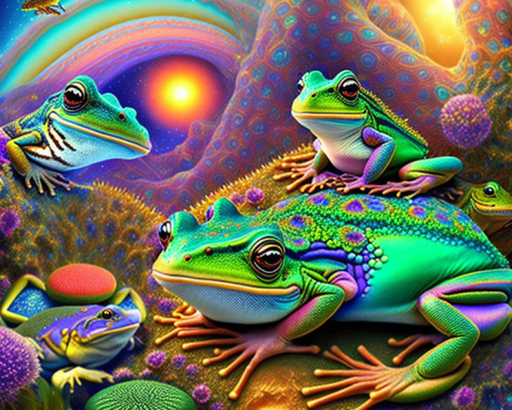 Colorful Frogs Painting on Psychedelic Background with Swirling Skies and Flora