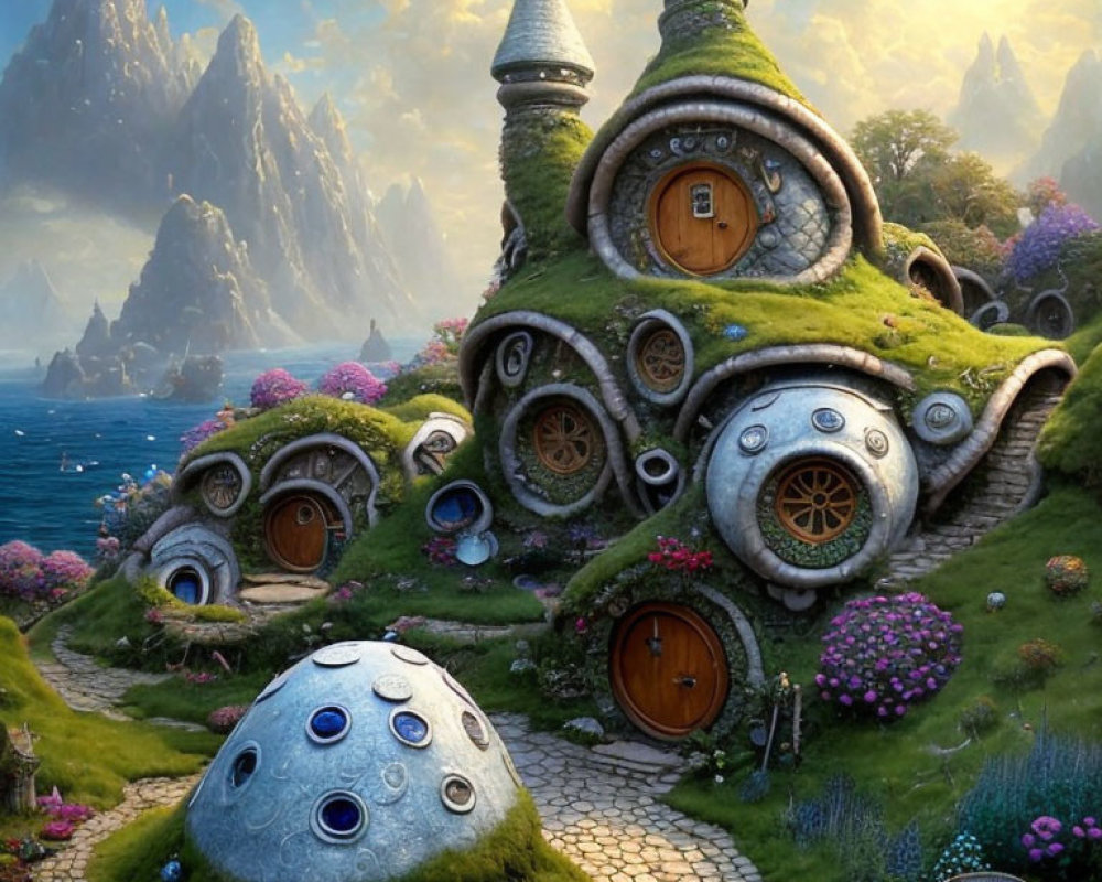 Whimsical mushroom and snail shell houses in moss-covered fantasy landscape