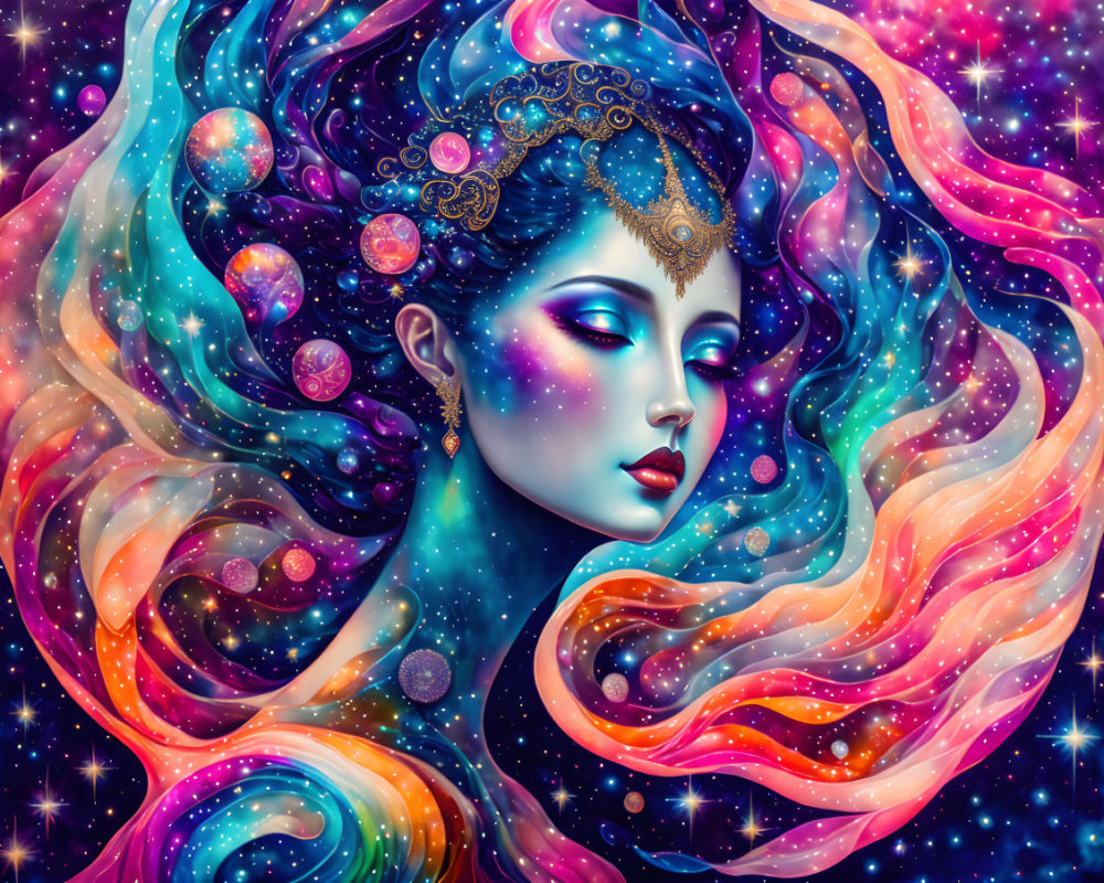 Colorful cosmic hair woman illustration with stars and ornaments