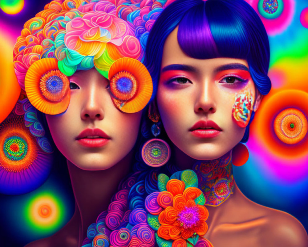 Colorful digital artwork featuring figures with floral patterns on a psychedelic background