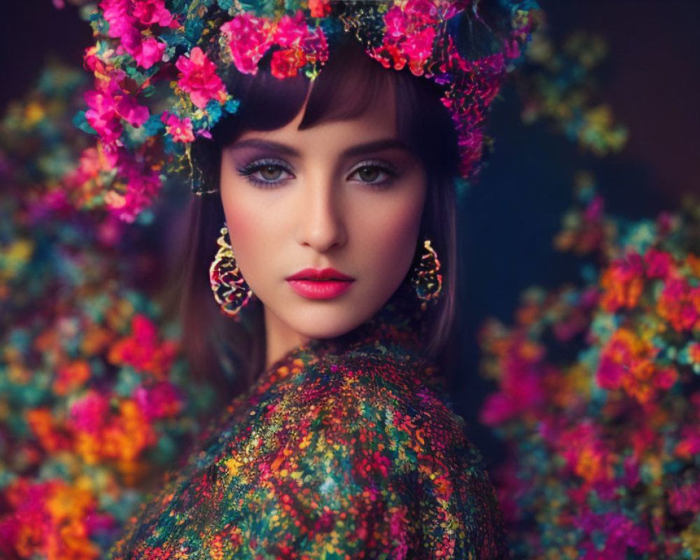 Woman in Floral Headpiece and Colorful Attire with Vibrant Makeup and Blooms Background