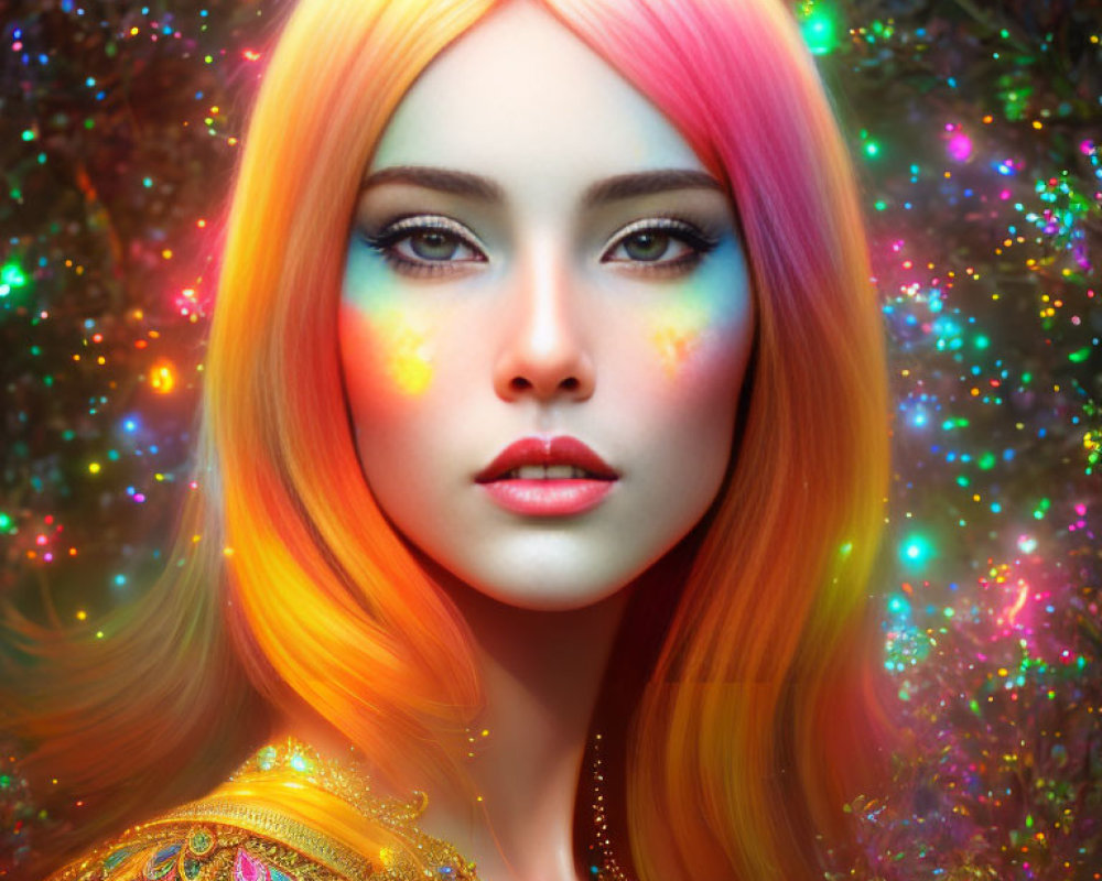 Colorful Portrait of Woman with Rainbow Hair and Vibrant Makeup