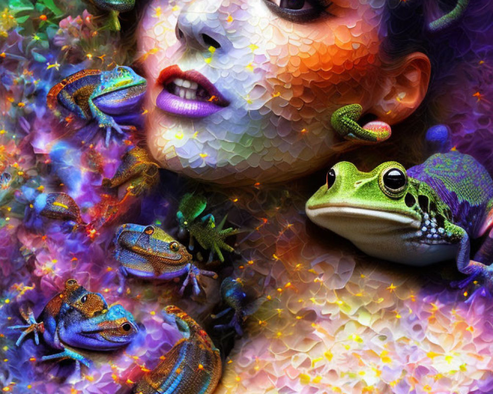 Colorful Woman with Realistic Frogs on Floral Background