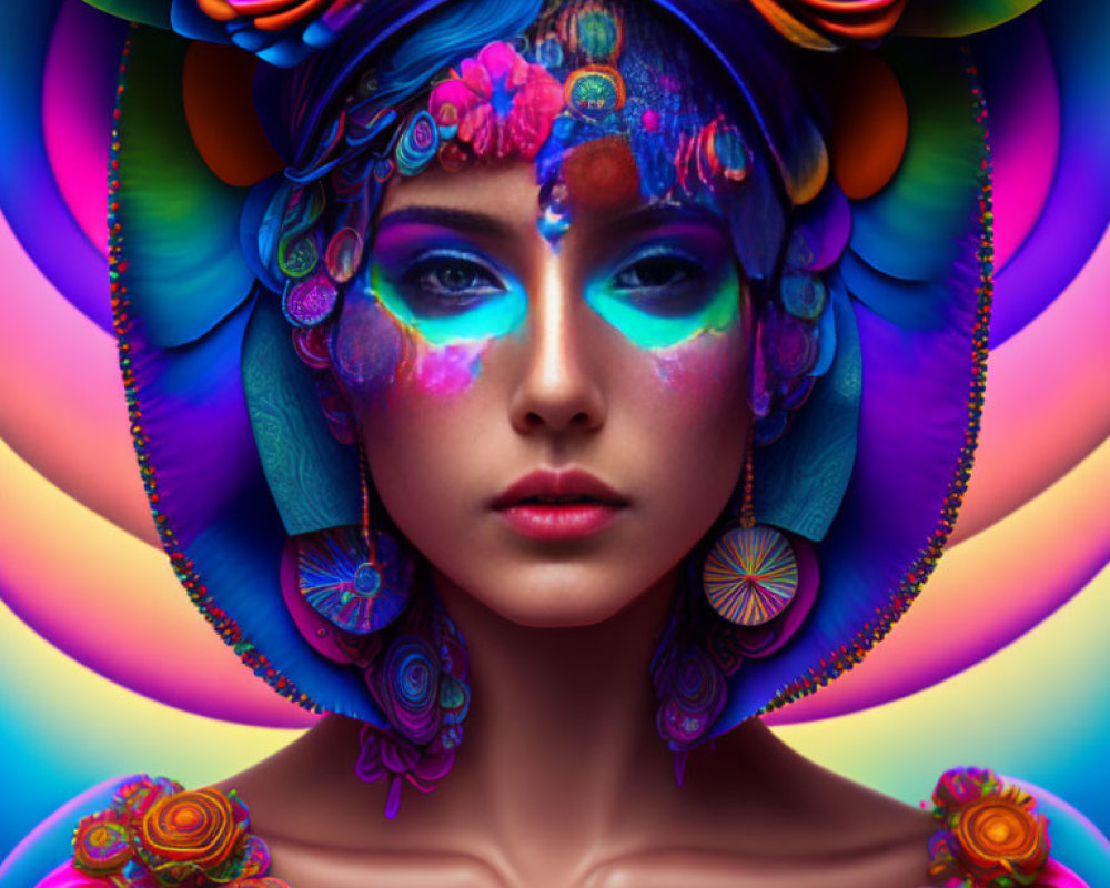 Colorful Psychedelic Woman Artwork with Floral Elements on Multi-Colored Background