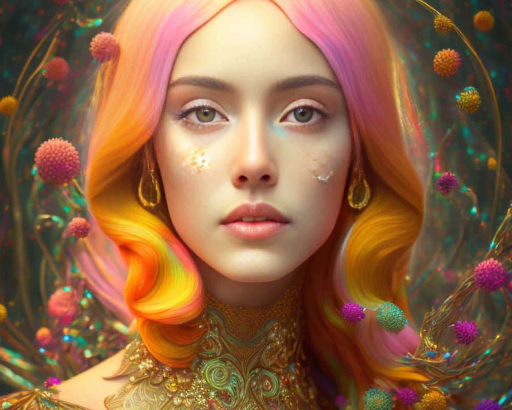 Colorful Portrait of Surreal Woman with Multicolored Hair and Botanical Background