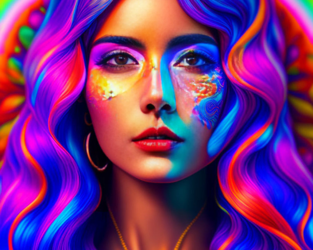 Colorful portrait of woman with rainbow wavy hair and artistic makeup.