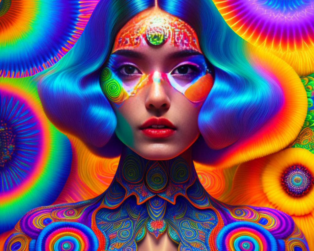 Vibrant psychedelic portrait of a woman with kaleidoscopic background