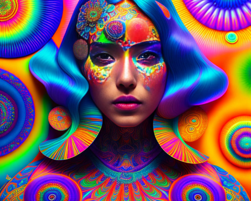 Vibrant Psychedelic Background with Woman in Face Paint