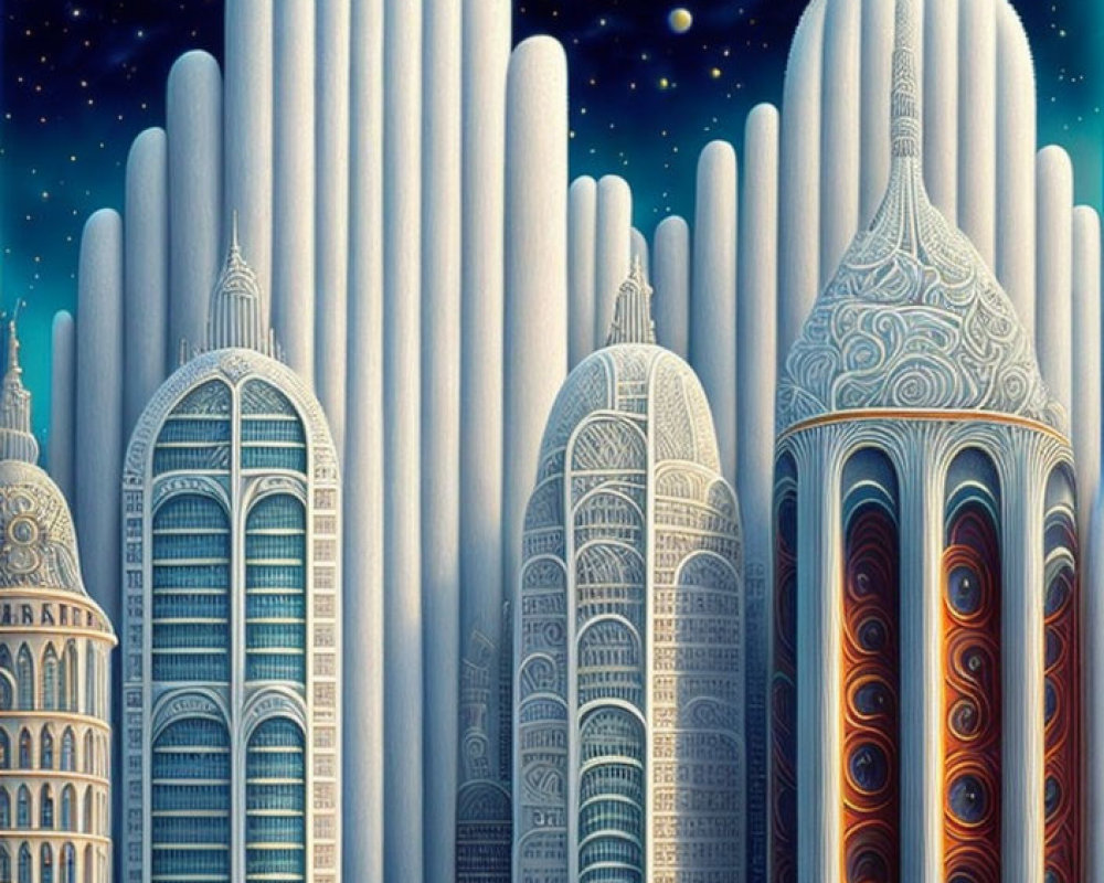 Futuristic skyscrapers under starry sky in vibrant colors