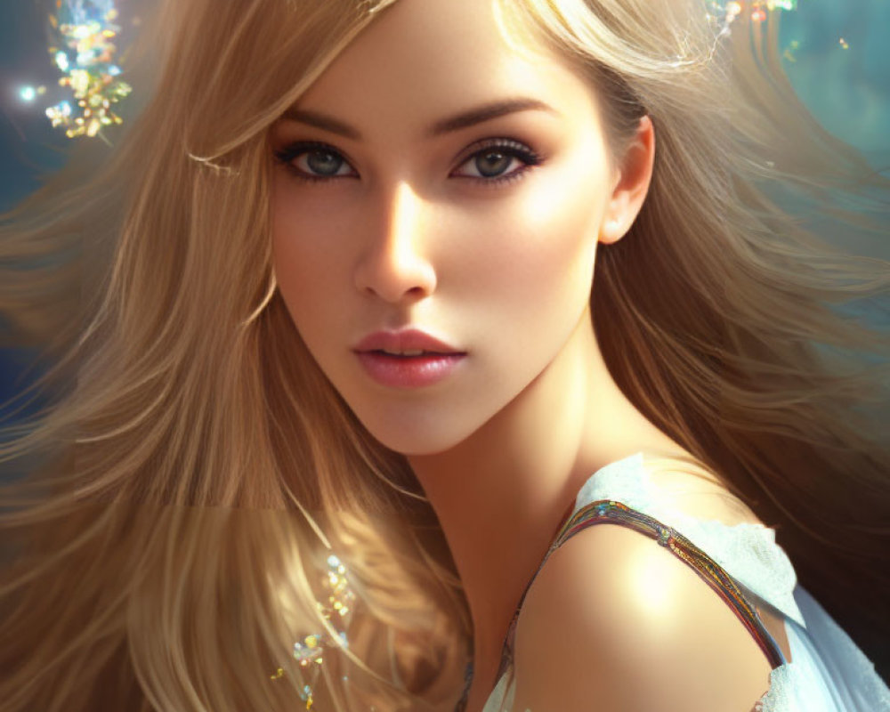 Blonde Woman Digital Artwork with Sparkling Adornments