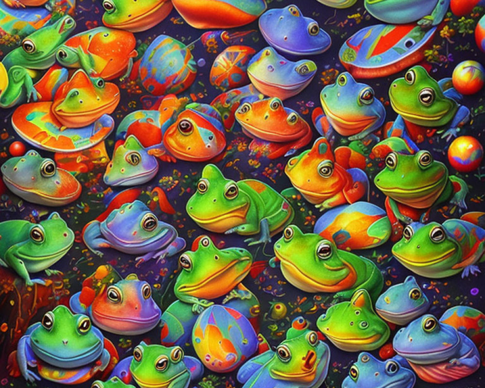 Vibrant illustrated frogs on leaves and spheres in starry backdrop