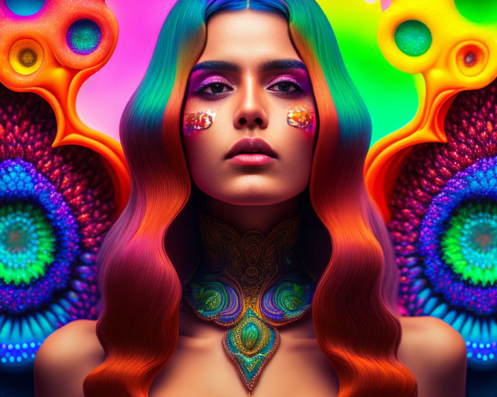 Colorful Woman with Psychedelic Hair and Makeup on Bright Background