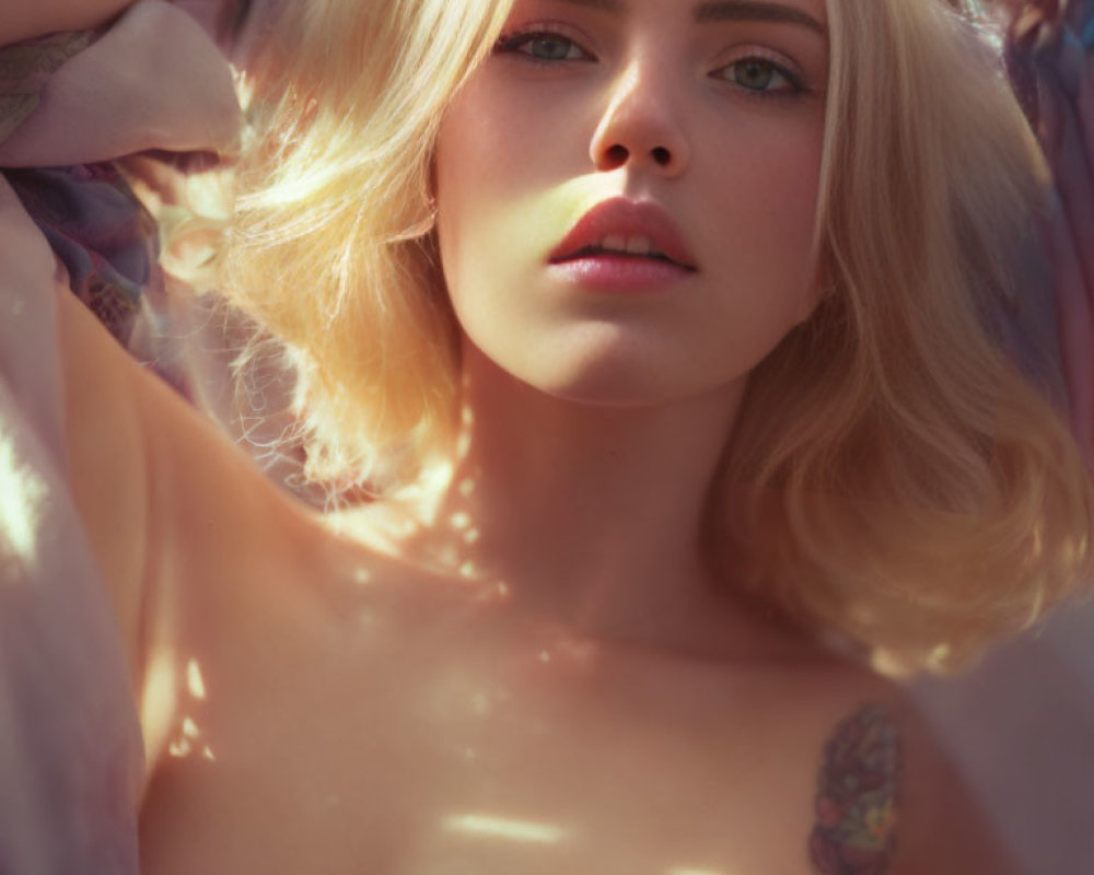 Blonde Woman with Blue Eyes and Tattoo in Pastel Setting