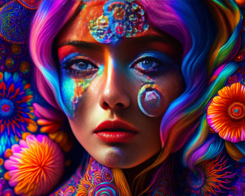 Colorful portrait of woman with psychedelic makeup and floral patterns